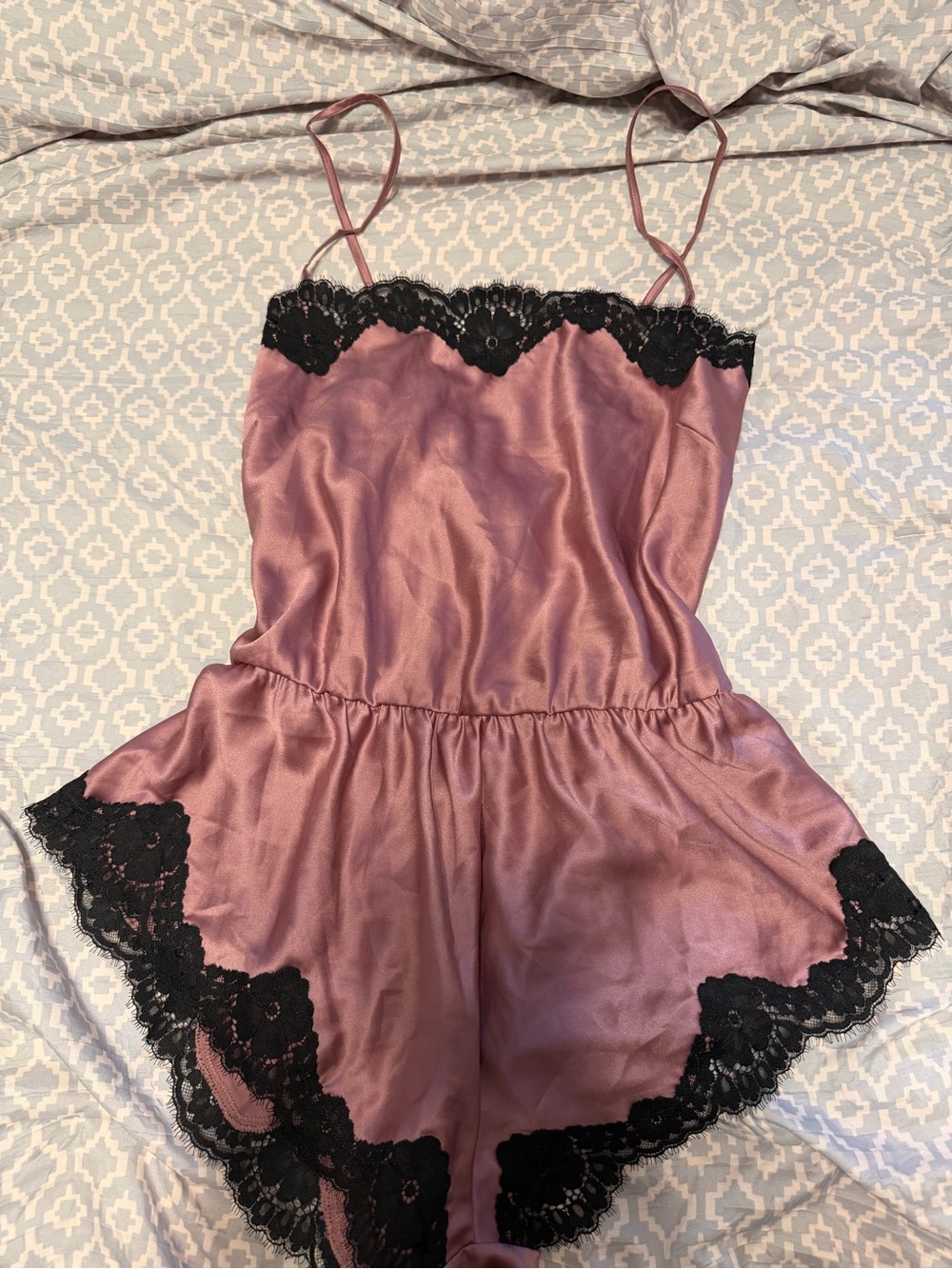 Victoria's Secret Mauve Satin Romper with Black Lace Trim